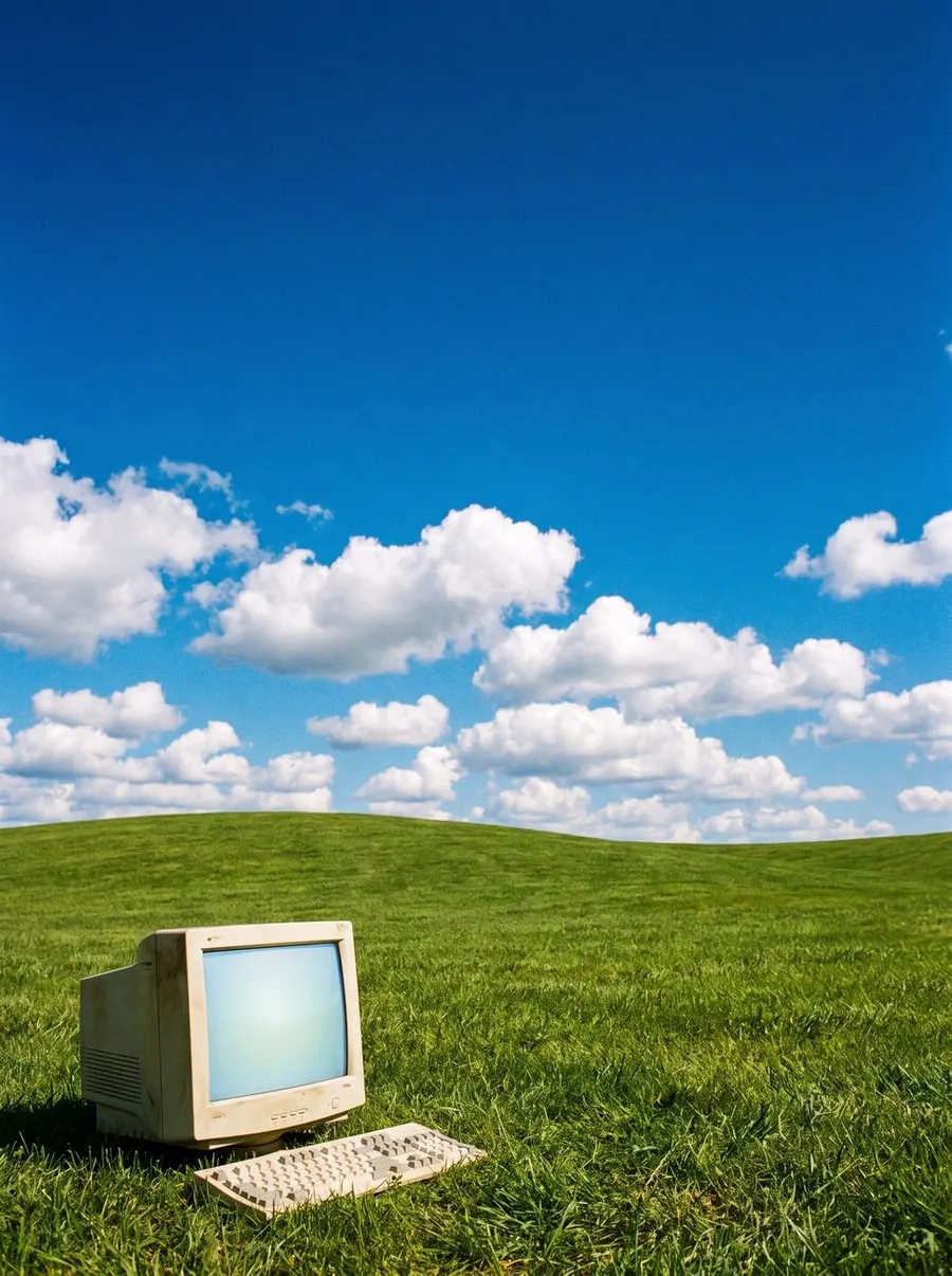 A beige retro computer sitting on an open green field under a bright blue sky. Image made with AI.